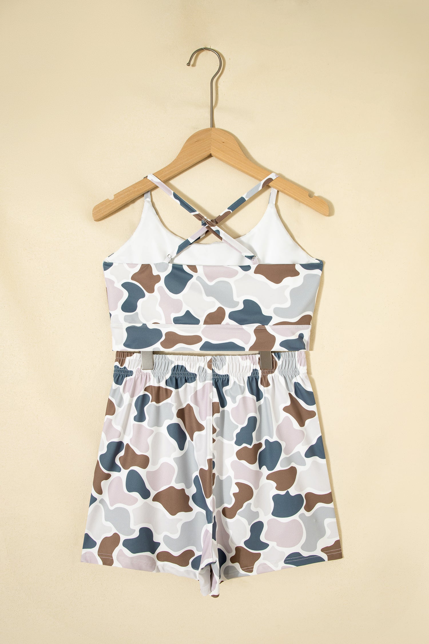 Modern Grace camo print cropped tank and high-rise shorts athleisure set, two-piece activewear ensemble, casual and stylish.