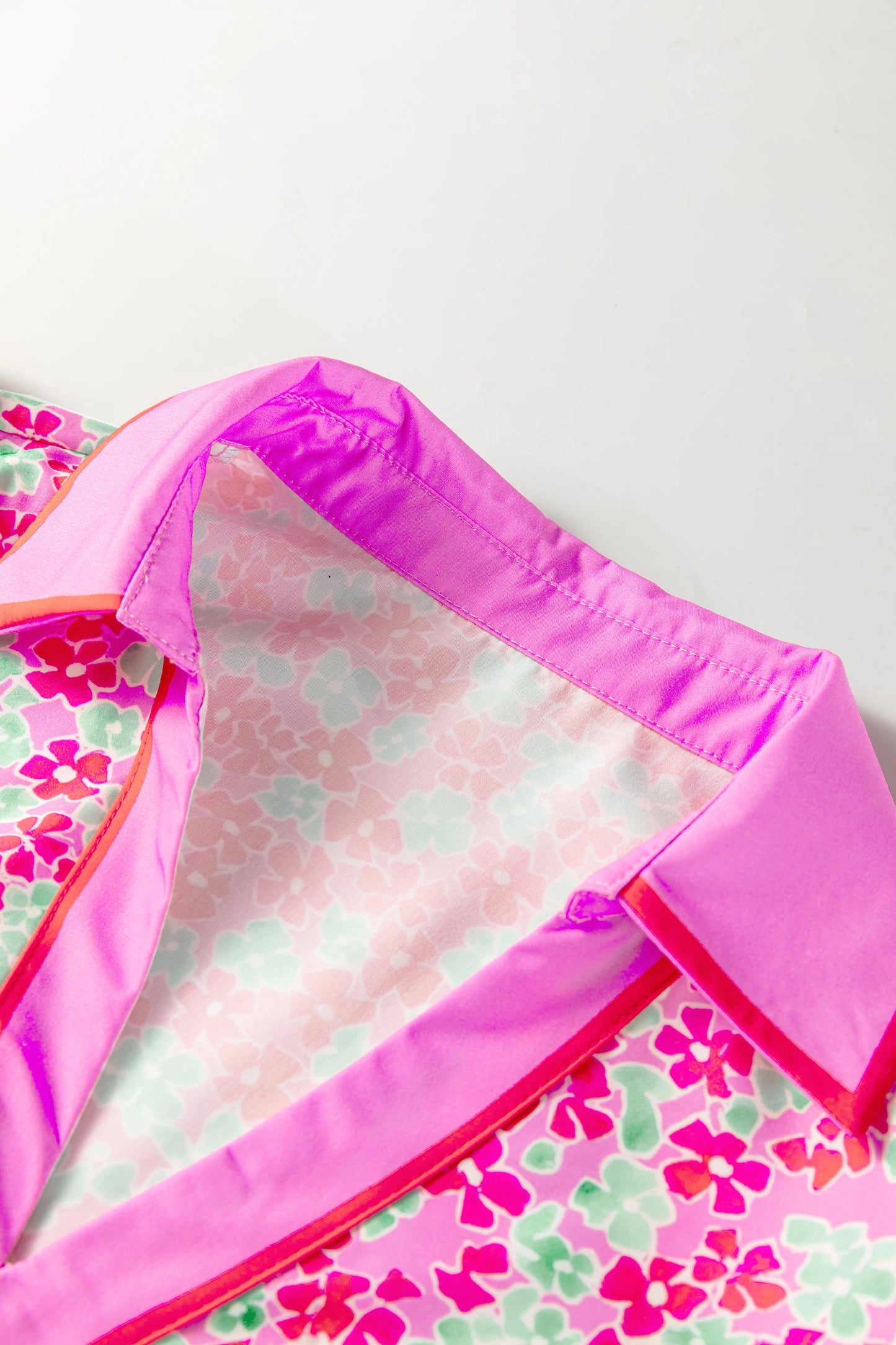 Rose Blooms Floral Collared V Neck Short Puff Sleeve Blouse Top