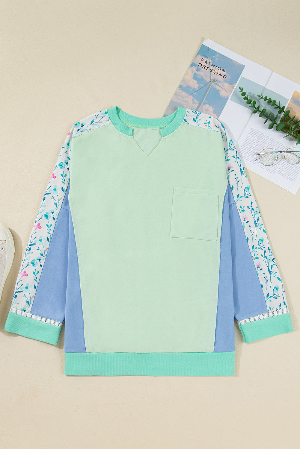 Green Color Block Floral Patchwork Long Sleeve Notched Neck Plus Size Top (Warehouse Exclusives)