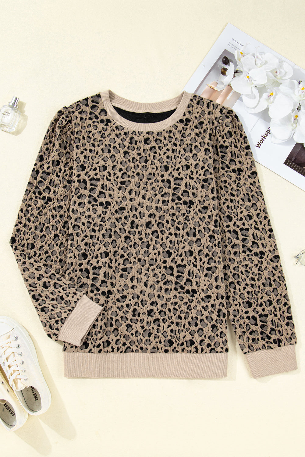 Khaki Leopard Textured Ribbed Trim Plus Size Long Sleeve Top (Warehouse Exclusives)