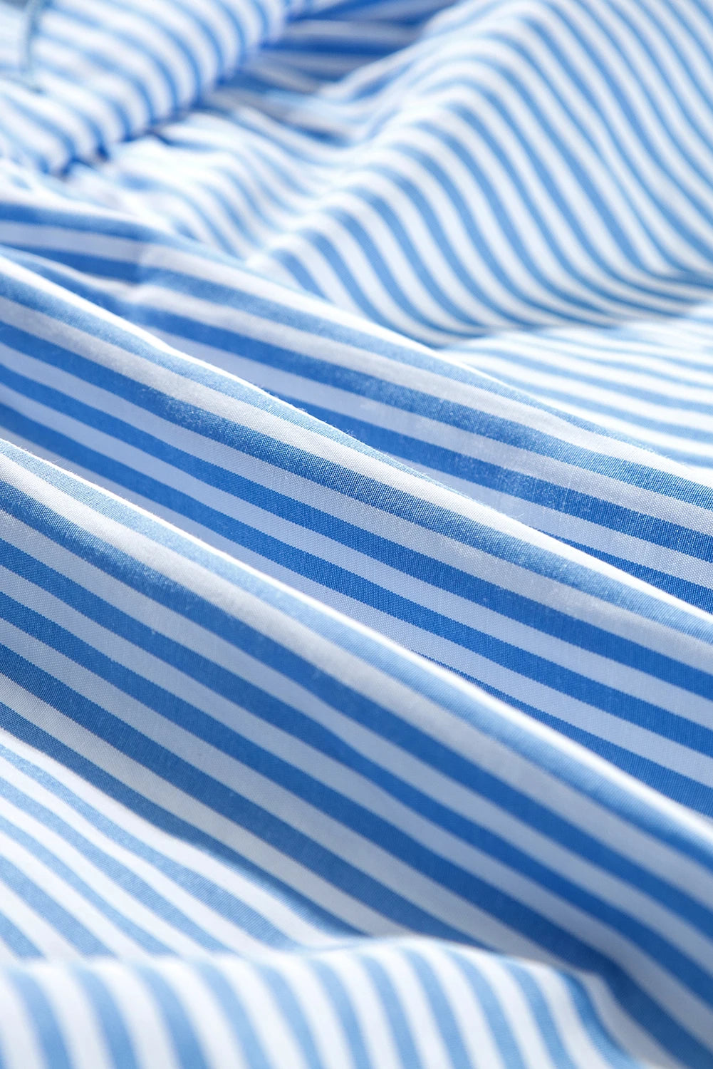 Sky blue stripe bubble short sleeve tiered scallop long dress by Modern Grace, featuring layered fabric and scalloped hem.
