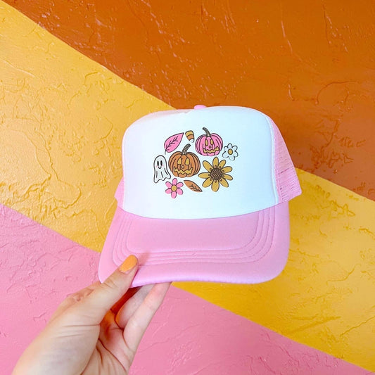 ElleNicole Fall Trucker Hat featuring a stylish design with mesh panels and a curved brim for casual, outdoor wear.