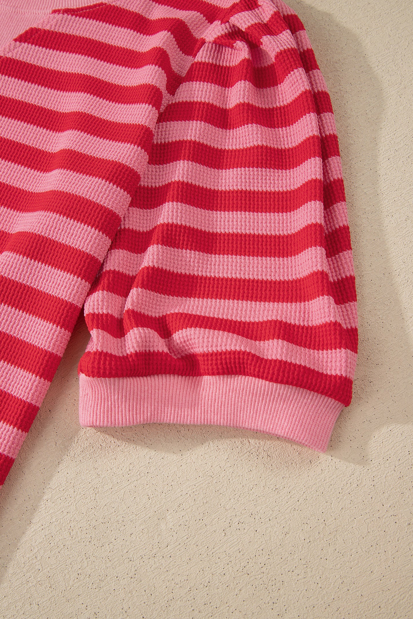 Red stripe waffle knit puff sleeve top and shorts set by Modern Grace, two-piece casual outfit with stylish puff sleeves.