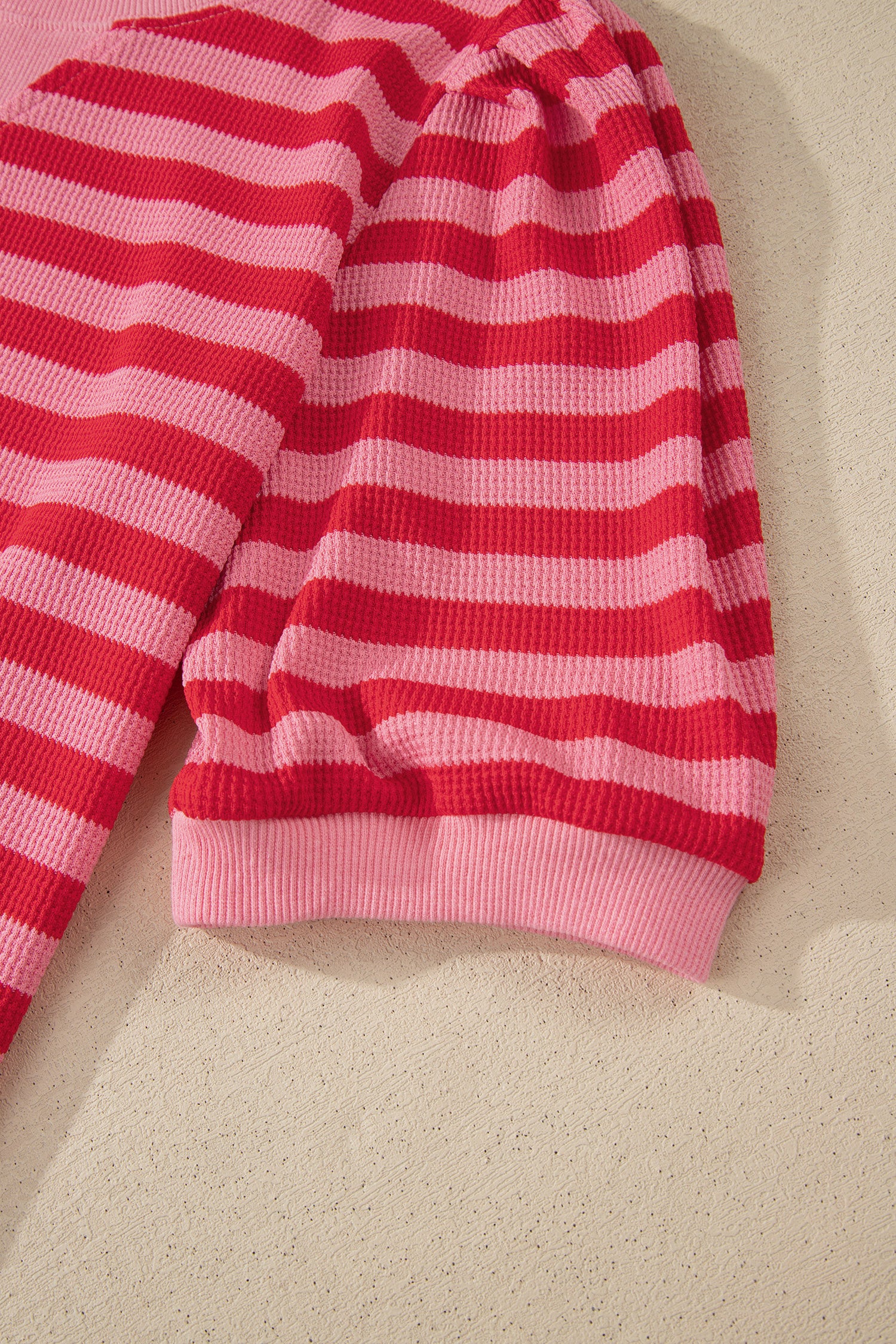 Red stripe waffle knit puff sleeve top and shorts set by Modern Grace, two-piece casual outfit with stylish puff sleeves.