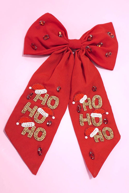 RED CHRISTMAS HO HO HO BOW SEED BEAD HAIR CLIPS