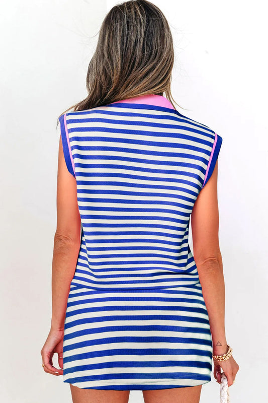 Dark blue striped sleeveless skort set with zip collar from Modern Grace, featuring a two-piece design and stylish contemporary look.
