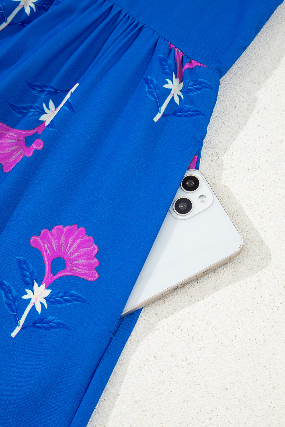 Blue Floral Print Notched Neck Butterfly Sleeve Shift Long Dress (Warehouse Exclusives)