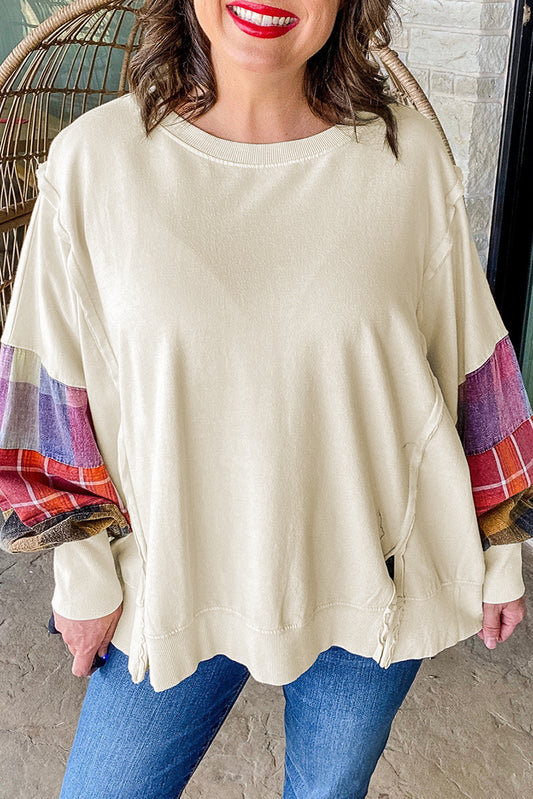 Plus Size Beige Multicolor Plaid Patchwork Sleeve Pullover Top (Warehouse Exclusives - Online only!)