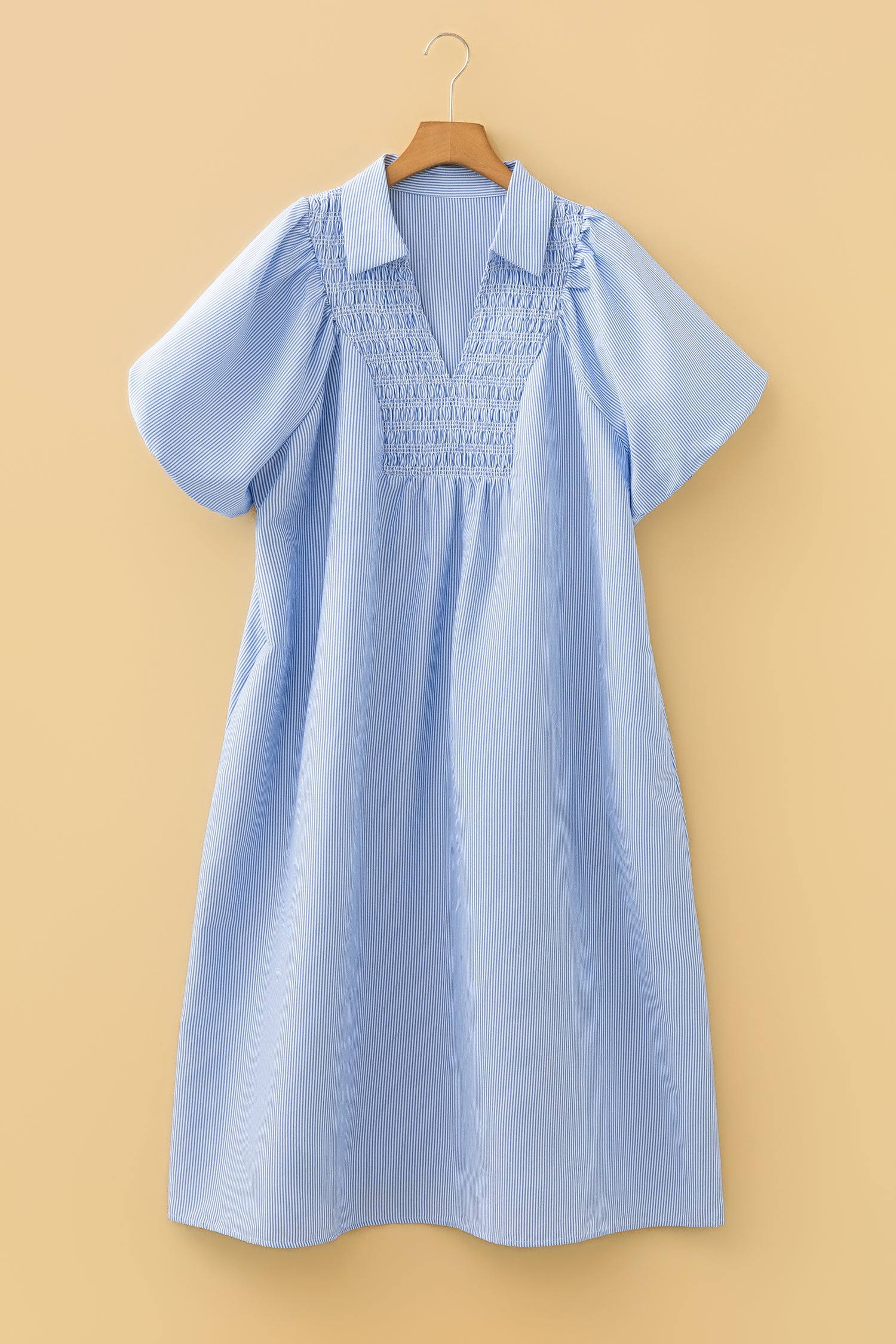 Sky blue stripe plus size midi dress by Modern Grace featuring shirred detail, collar, and V-neck style.