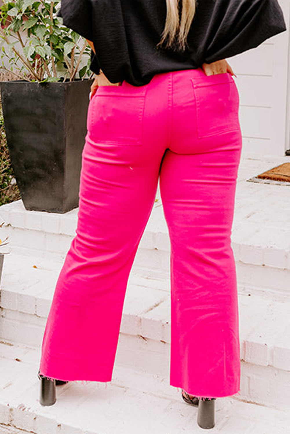 Curvy Hot Pink Raw Hem Wide Leg High Waist Pants