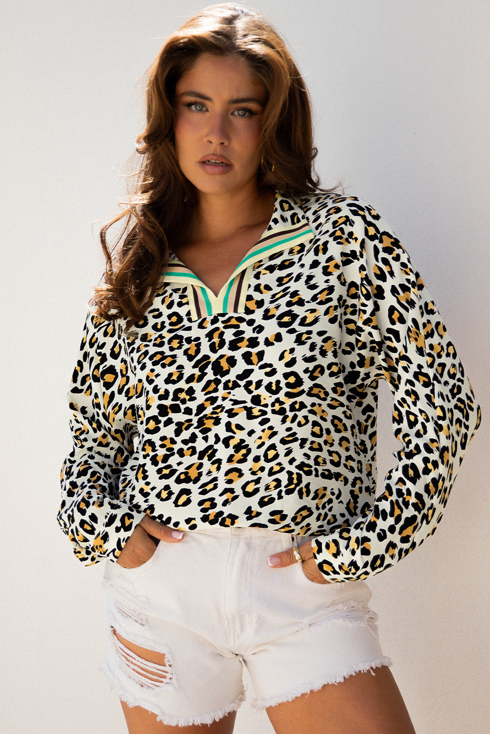 Khaki Leopard Print Contrast Striped V Neck Blouse (Warehouse Exclusives-Online Only)