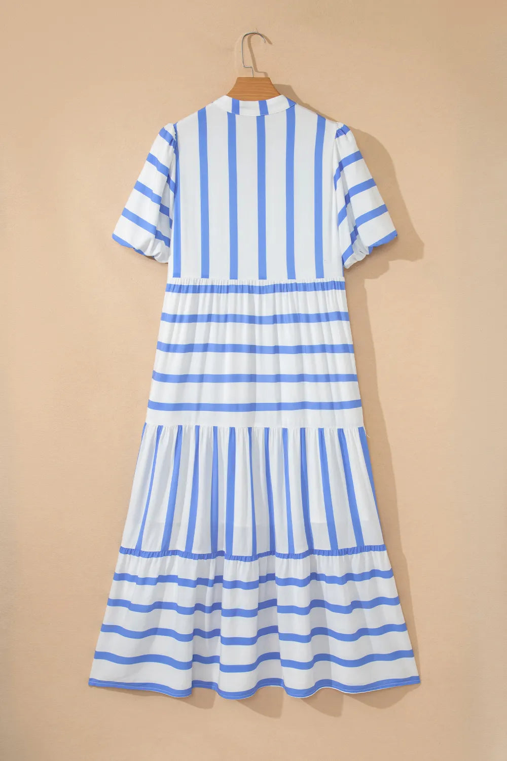 Sky Blue Stripe Ricrac Trim Notched Neck Half Sleeve Vacation Midi Dress