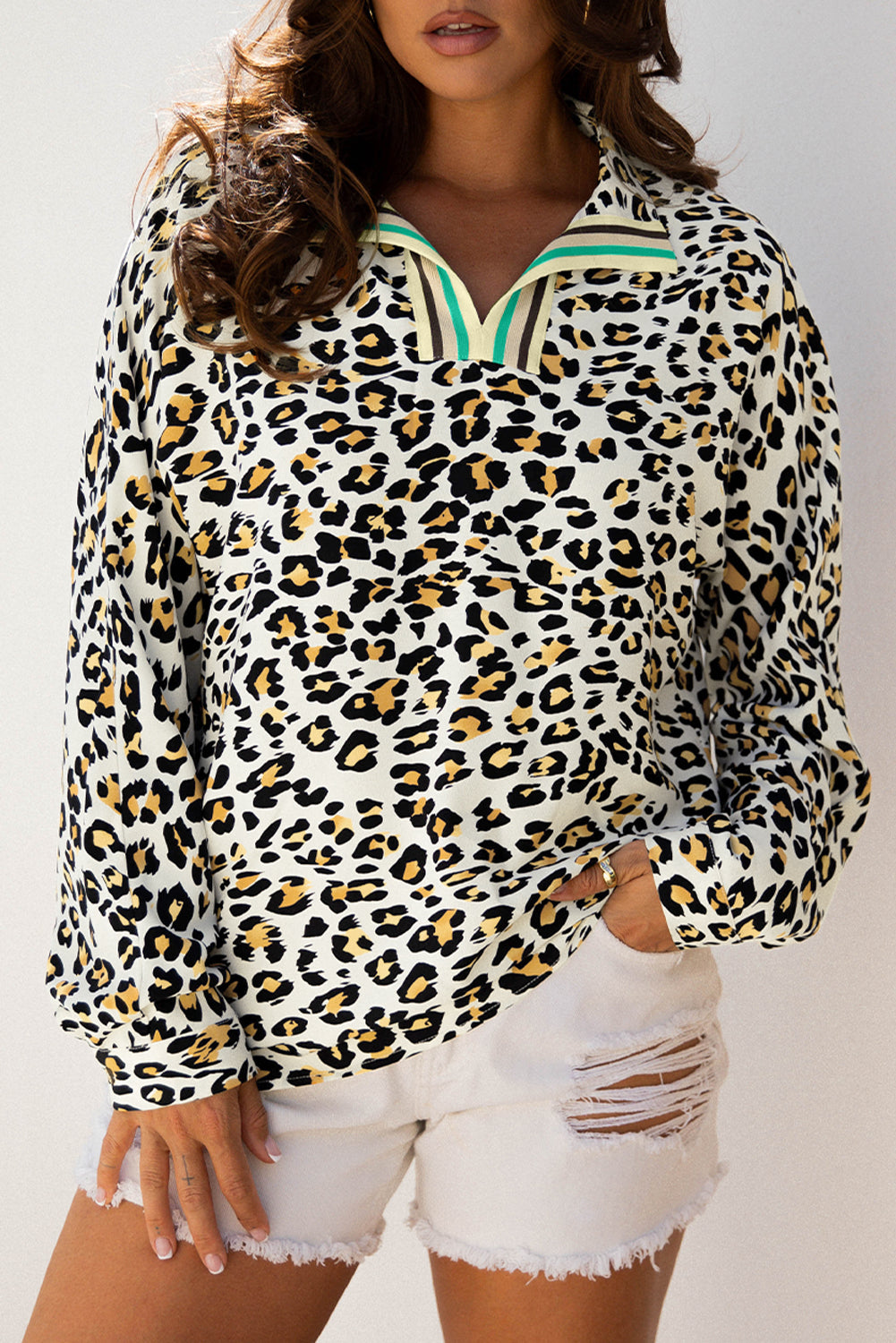 Khaki Leopard Print Contrast Striped V Neck Blouse (Warehouse Exclusives-Online Only)