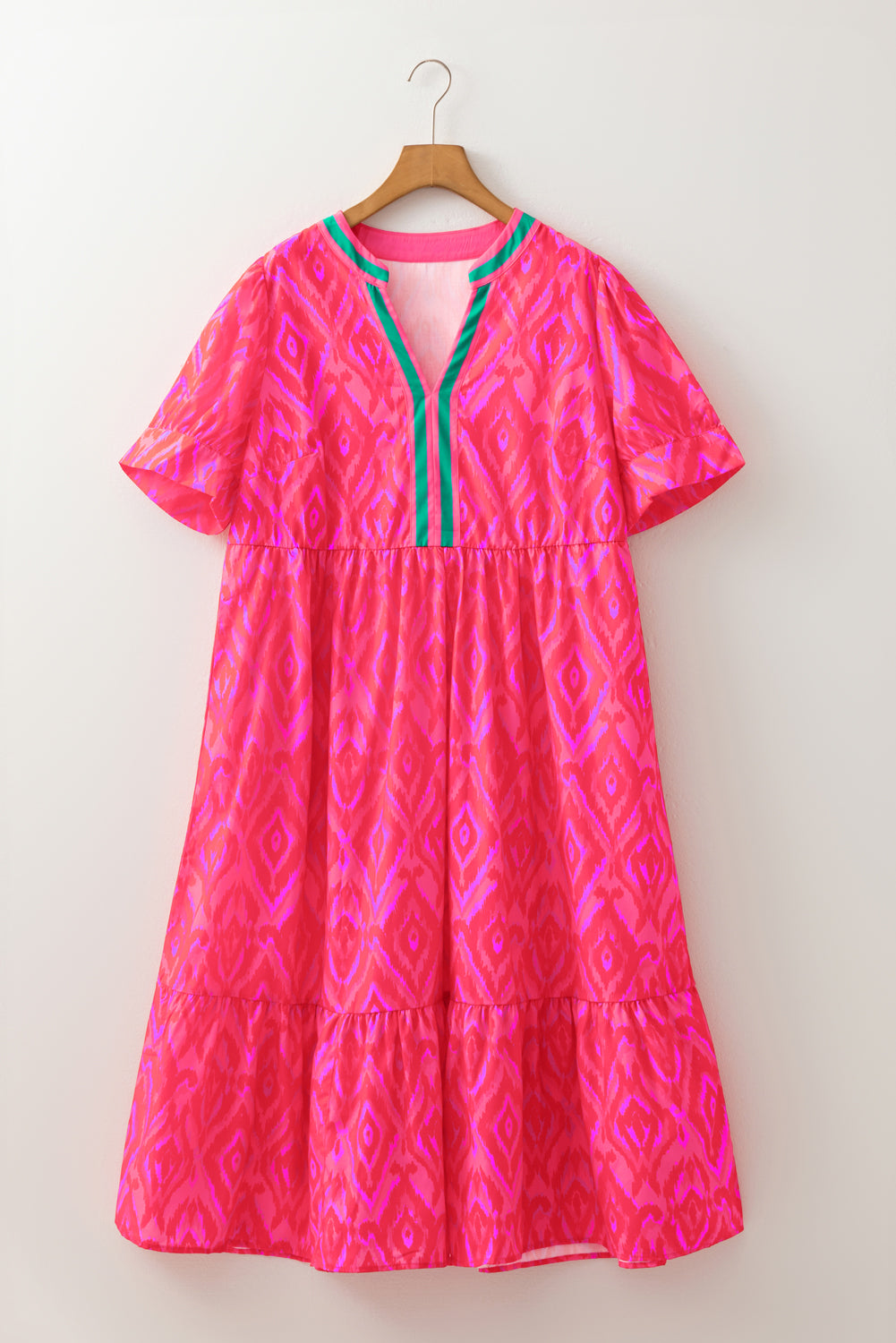 Watermelon Split Neckline Short Puff Sleeve Curvy Dress  (Warehouse Exclusive)