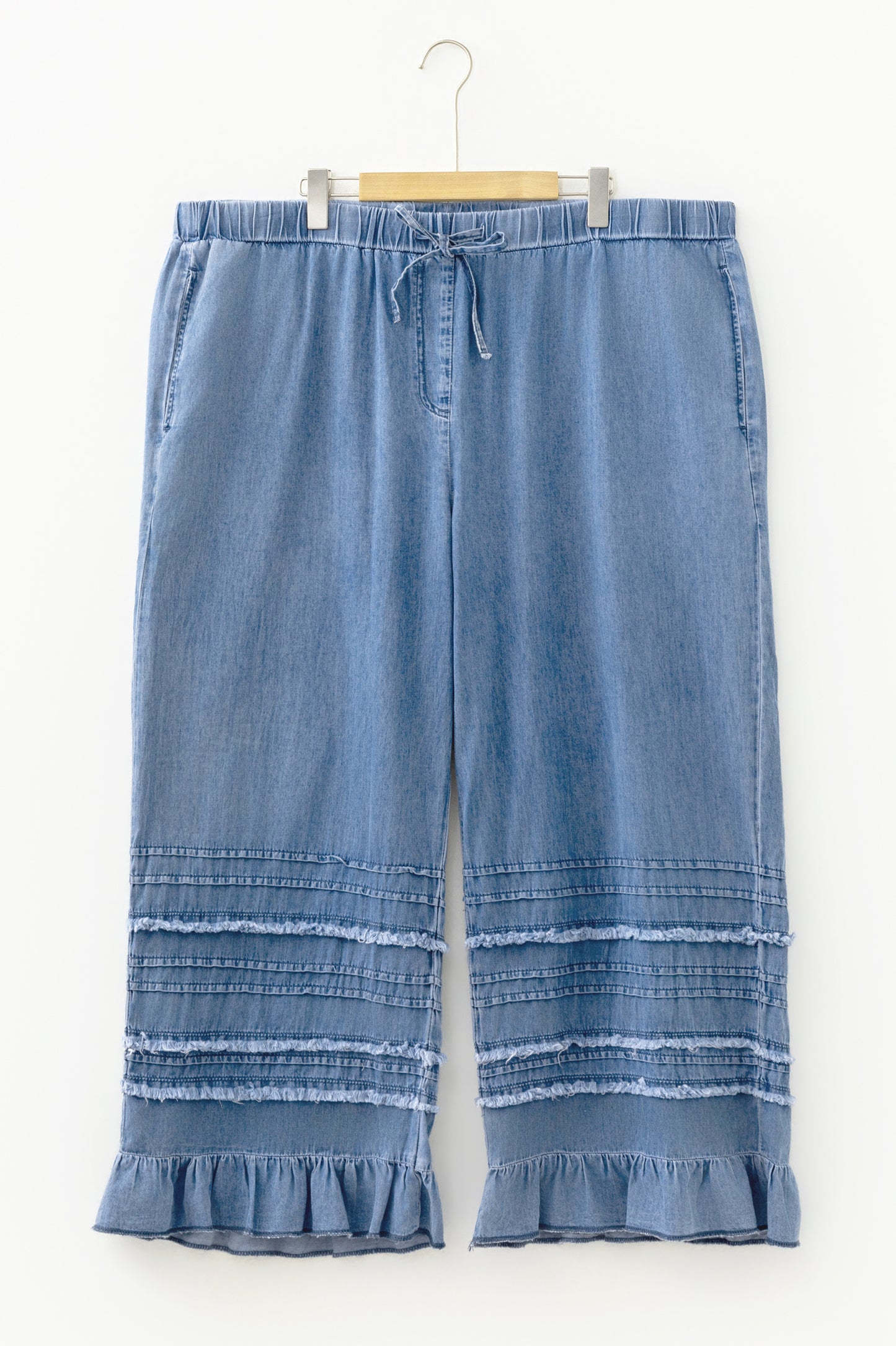 Curvy Blue Tiered Raw Edge Ruffled Plus Size Wide Leg Denim Pants