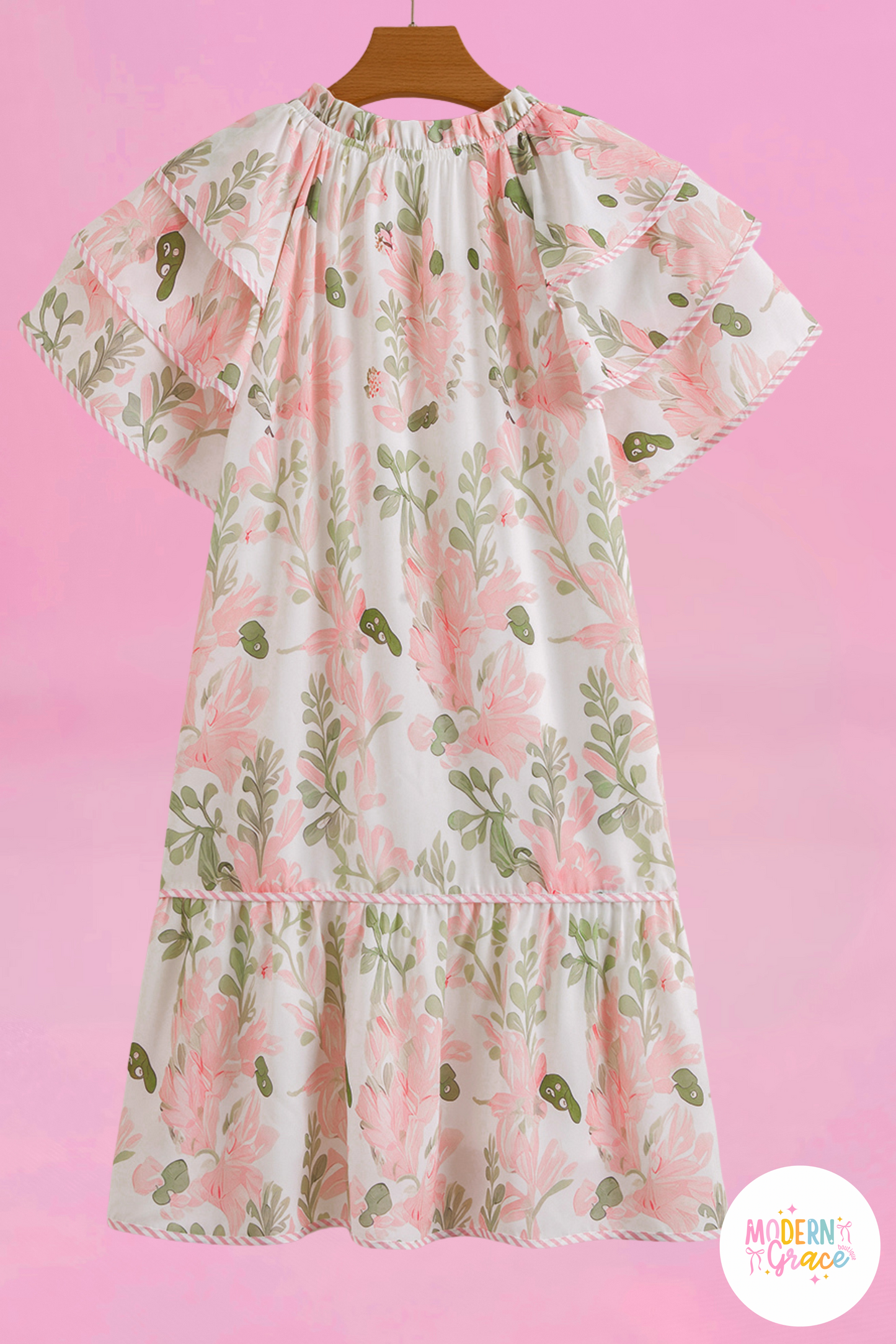 Curvy Pink Floral Print Striped Detail Dress