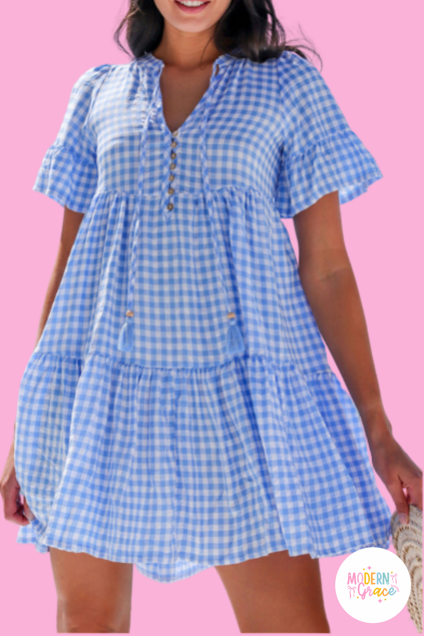 Sky Blue Gingham Short Sleeve Button Tie Split Neck Loose Mini Dress