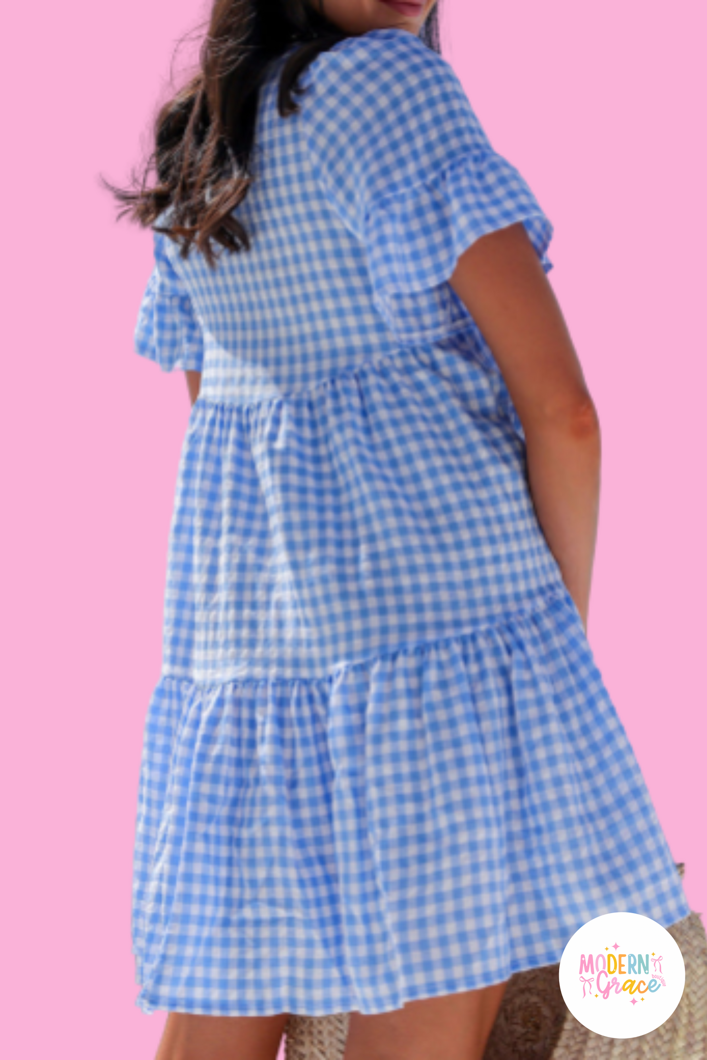 Sky Blue Gingham Short Sleeve Button Tie Split Neck Loose Mini Dress