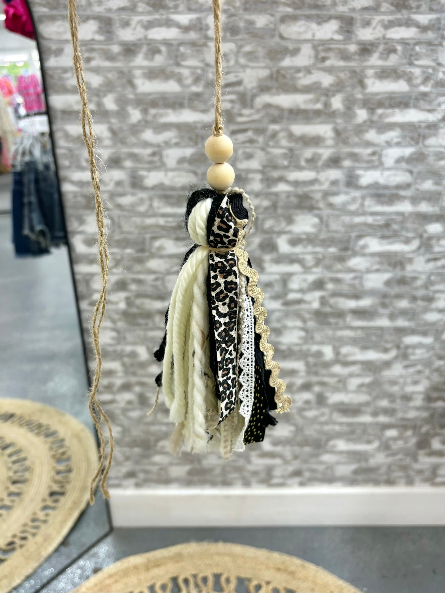 Tan checkered handmade Bible tassel by Harper Grace Design, also suitable as a car charm or Bogg bag accessory.
