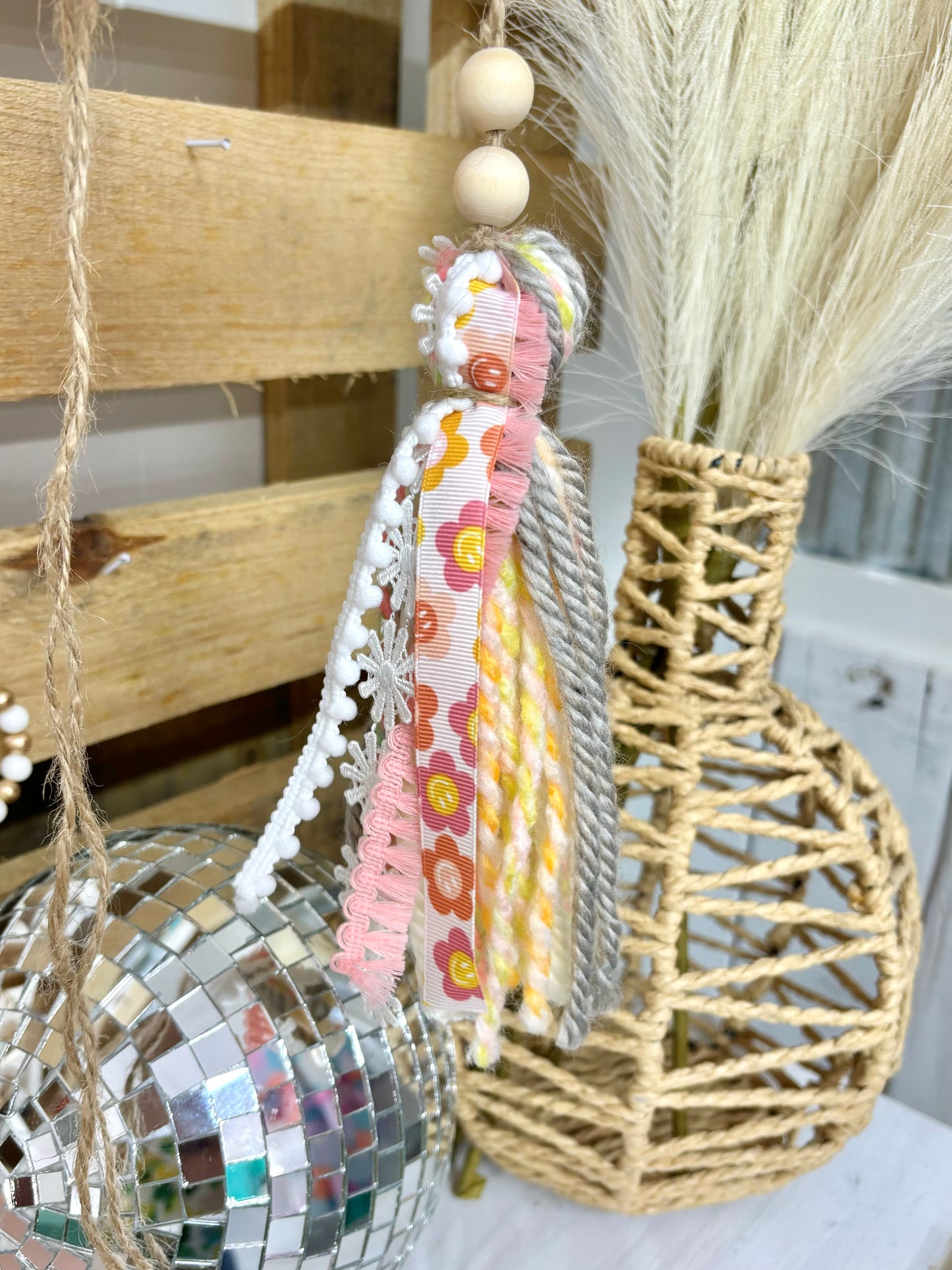 Handmade tan checkered Bible tassel by Harper Grace Design, versatile accessory or car charm with decorative beads and tassel.
