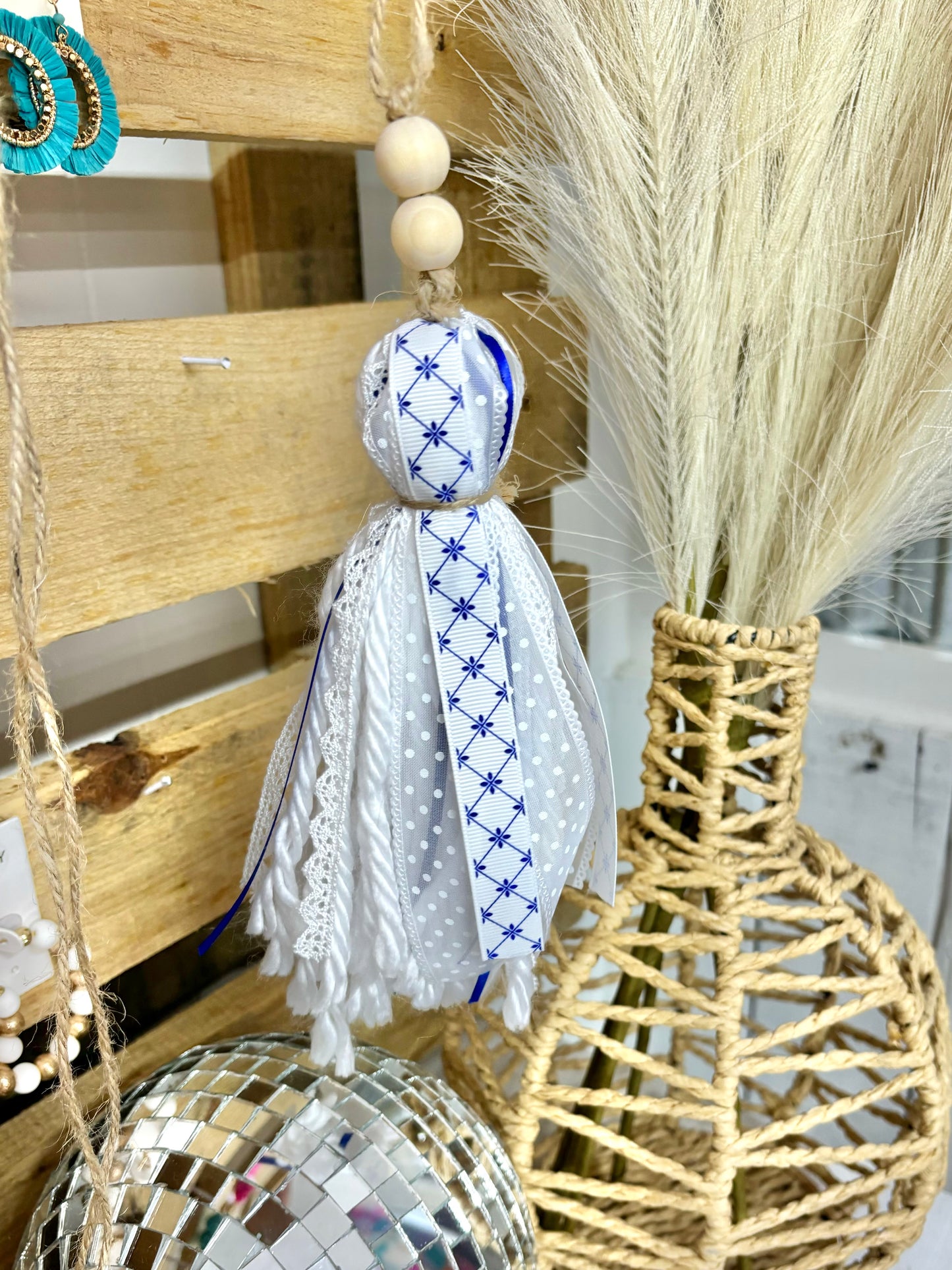Tan checkered handmade Bible tassel by Harper Grace Design, versatile accessory usable as a car charm or bag tassel.