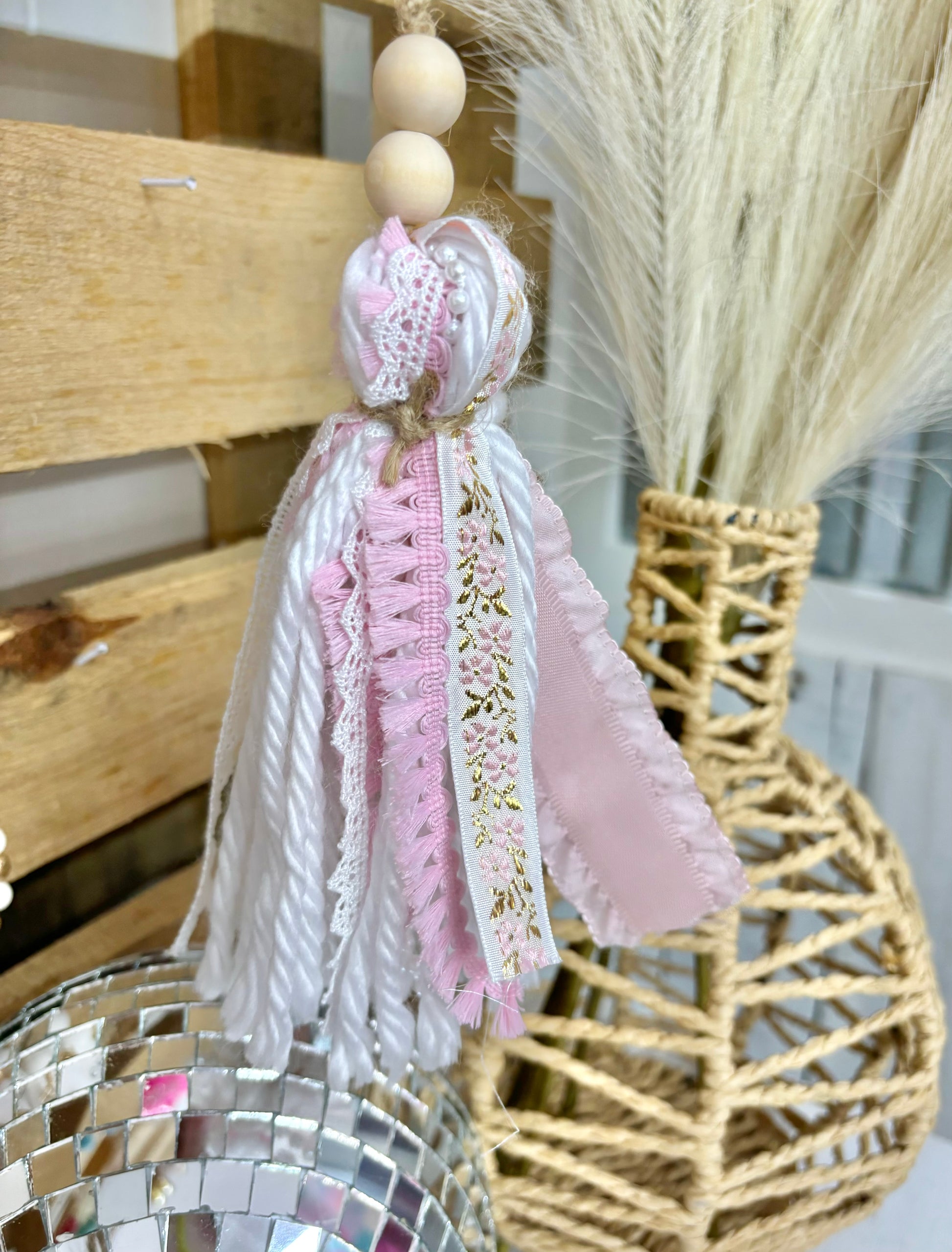 Handmade Harper Grace Design Bible tassel in tan checkered pattern, versatile as a car charm or bag accessory.