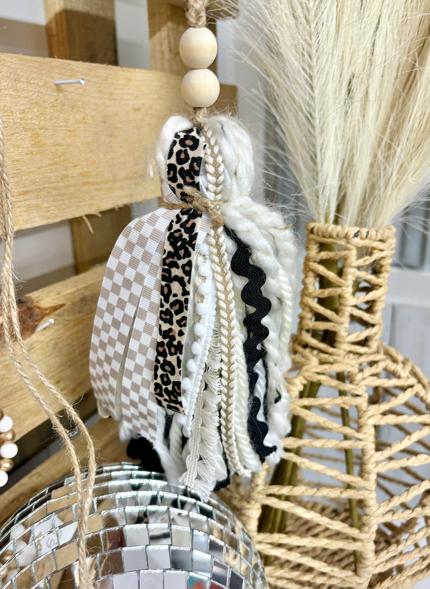 Handmade Harper Grace Design Bible Tassel in tan checkered fabric, also used as a car charm or Bogg bag accessory.