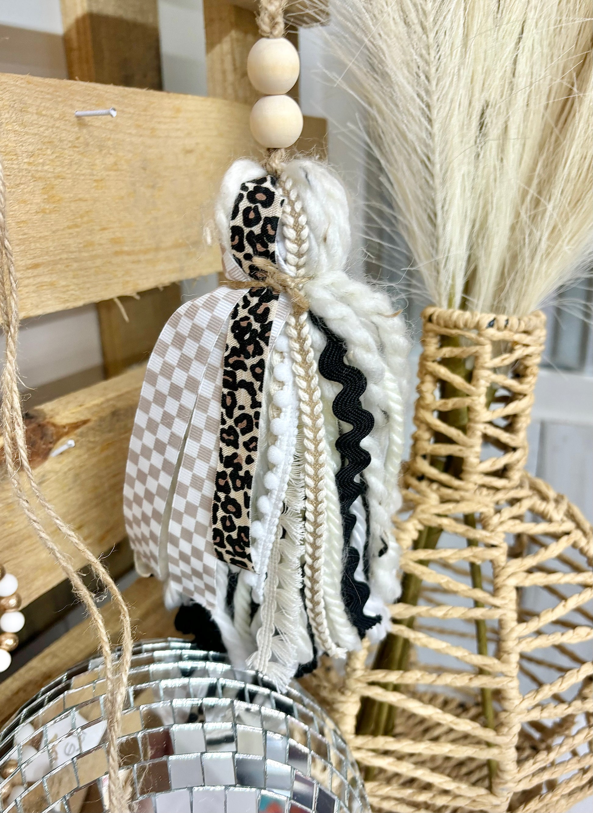 Handmade Harper Grace Design Bible Tassel in tan checkered fabric, also used as a car charm or Bogg bag accessory.