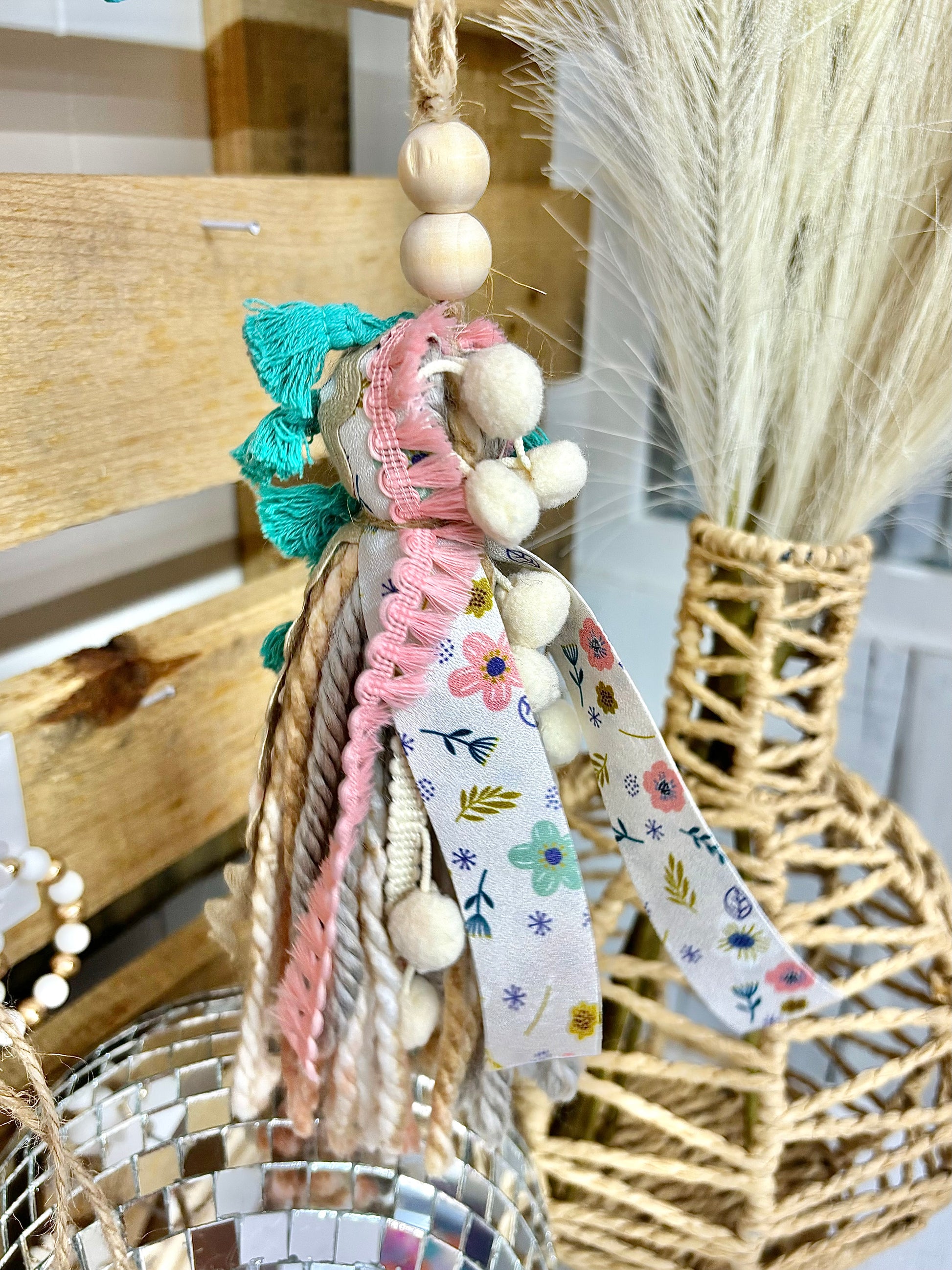 Tan checkered handmade Bible tassel by Harper Grace Design, versatile accessory for books, car charms, or bag embellishments.