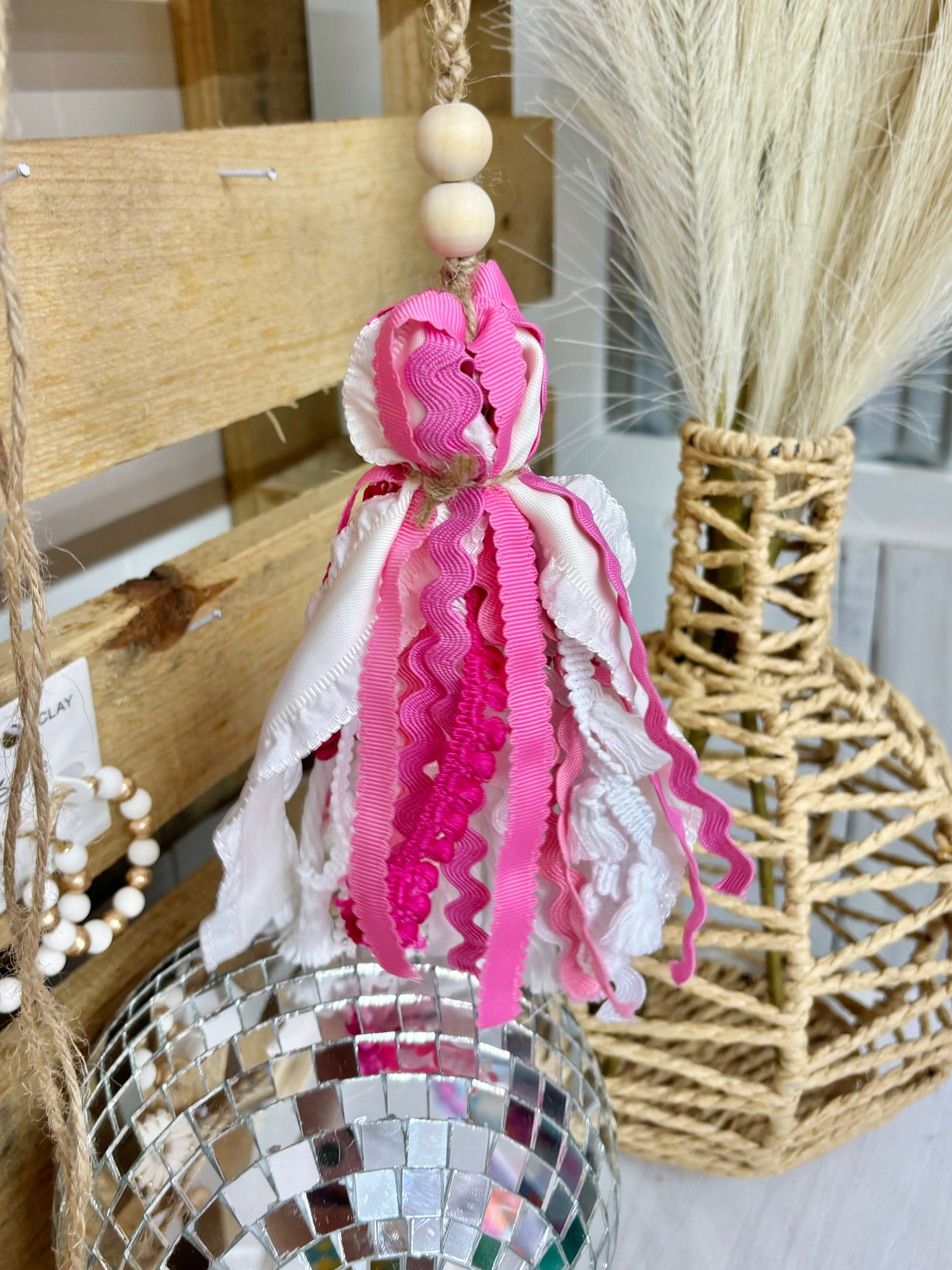 Handmade Harper Grace Design Bible tassel in tan checkered fabric, versatile as a car charm or bag accessory.