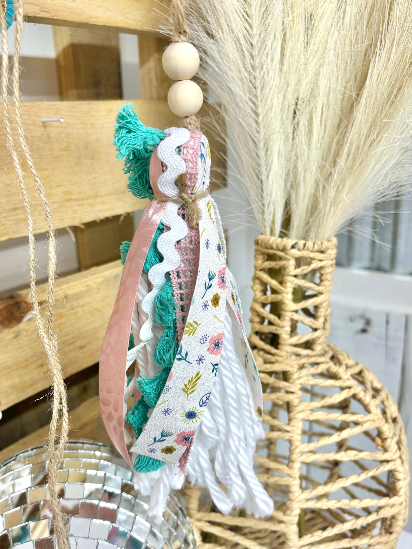Handmade tan checkered Bible tassel from Harper Grace Design, versatile as a car charm or Bogg bag tassel accessory.