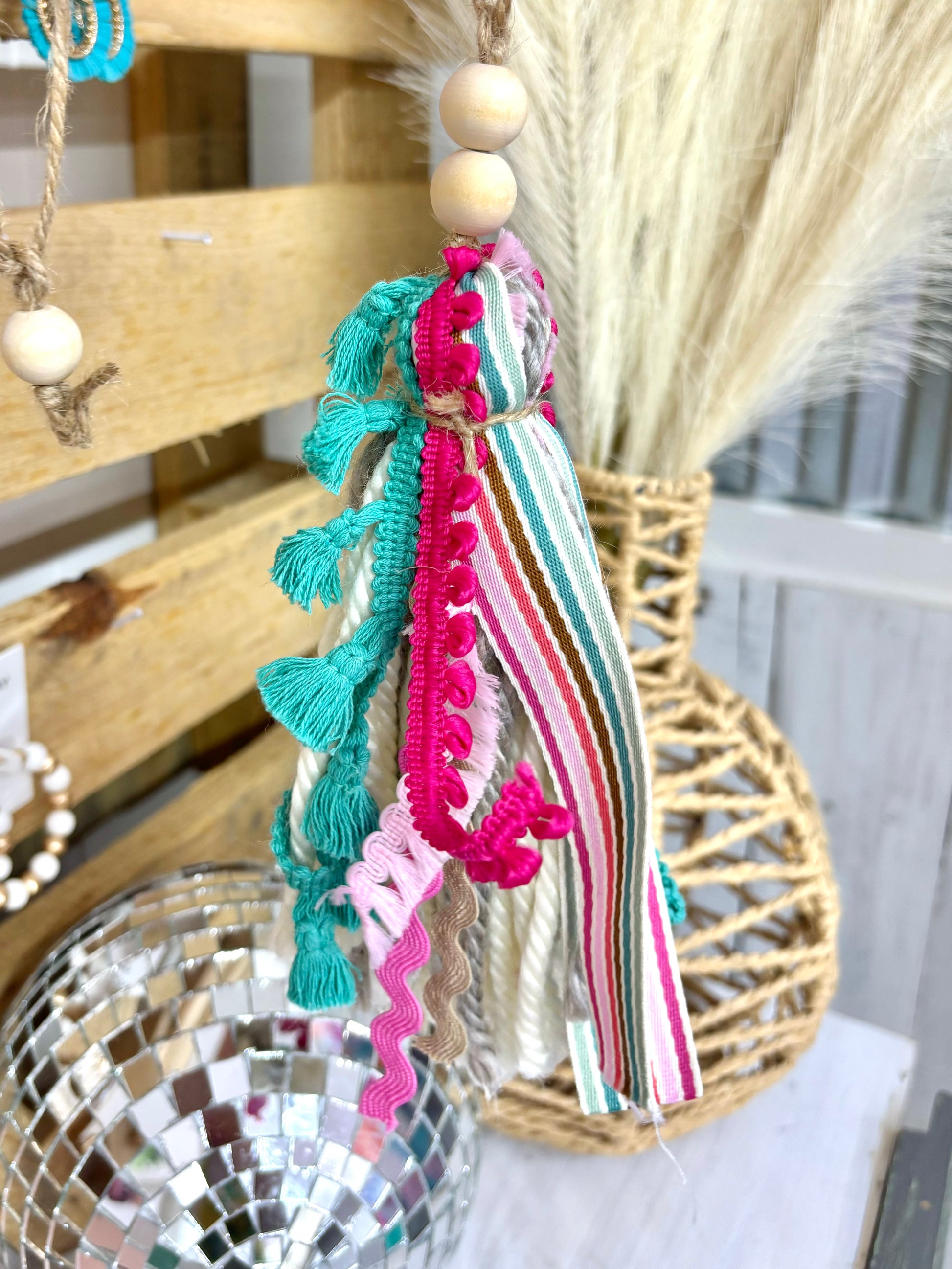 Tan checkered handmade Bible tassel by Harper Grace Design, versatile accessory that can be used as a car charm or bag tassel.