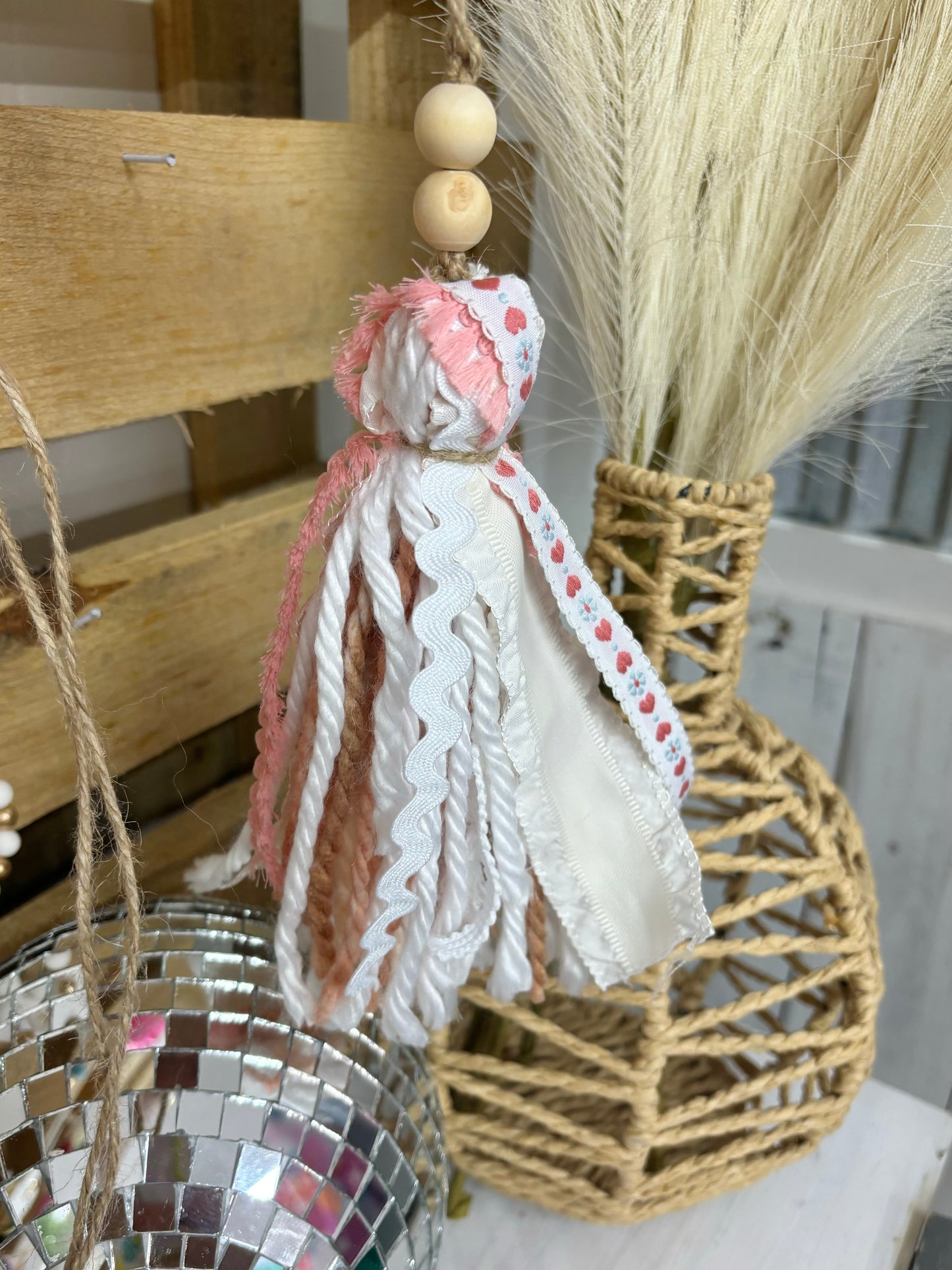 Handmade Harper Grace Design Bible tassel in tan checkered fabric, versatile as a car charm or bag accessory.