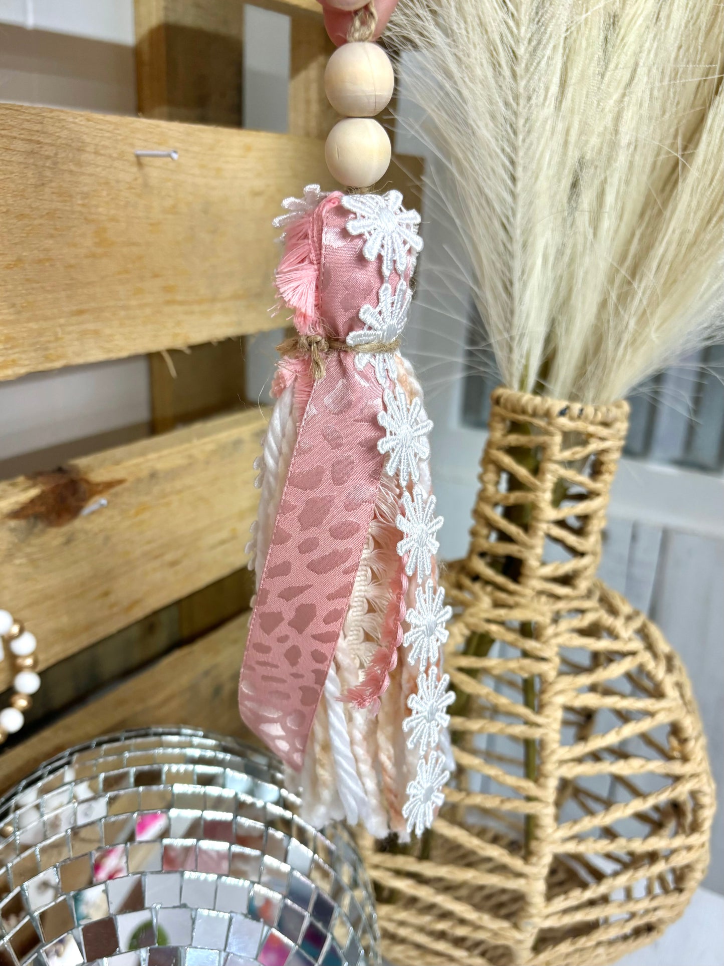 Tan checkered handmade Bible tassel by Harper Grace Design, versatile accessory for Bogg bags or as a car charm.