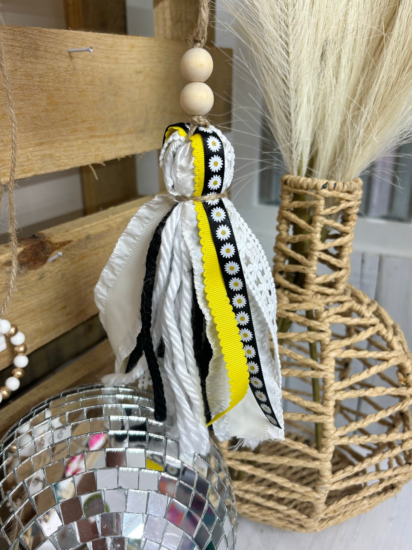 Handmade Harper Grace Design Bible tassel in tan checkered fabric, versatile as a car charm or bag accessory.