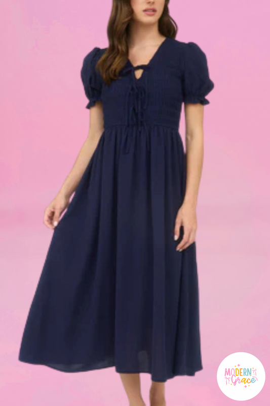 Navy Blue V Neck Front Tie Smocked Puff Sleeve Midi Dress