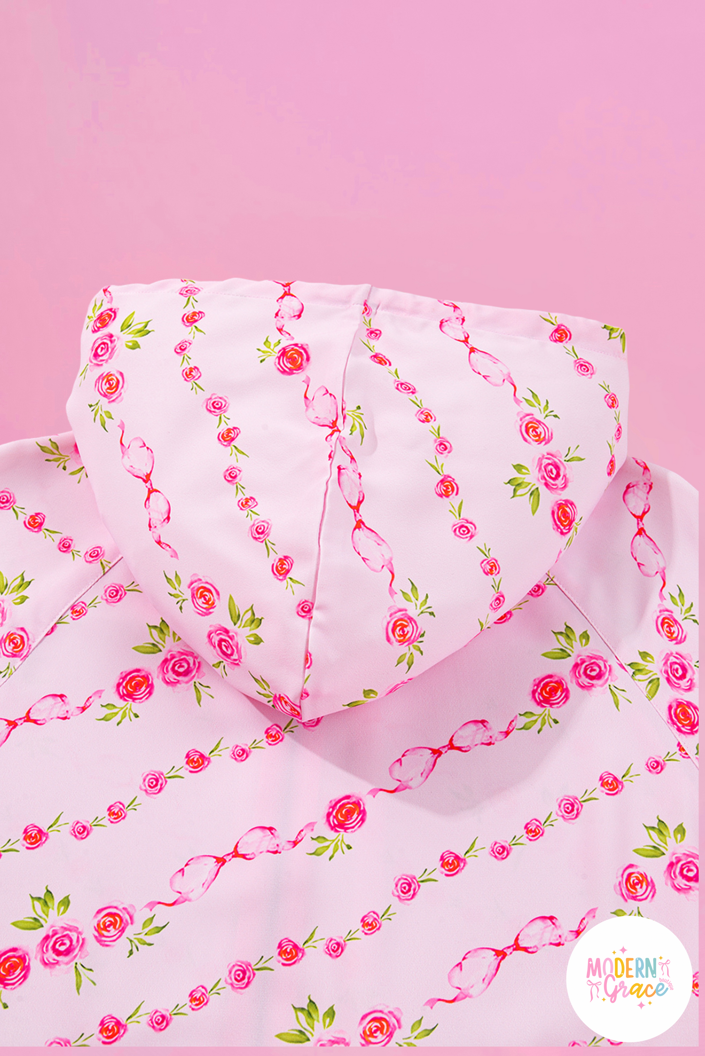 Pink Floral Print Half Zip Kangaroo Pouch Drawstring Hoodie