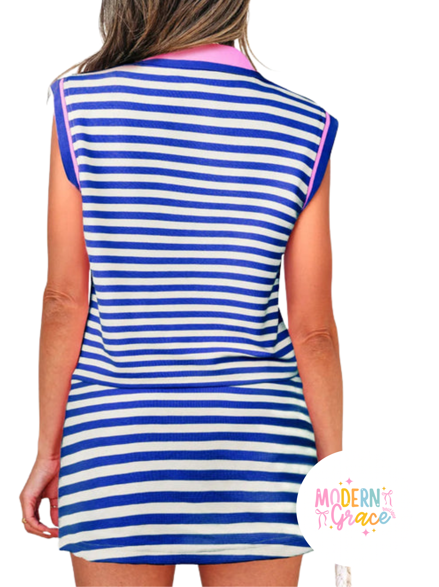 Dark blue striped zip collar sleeveless two-piece skort set by Modern Grace, featuring a stylish collar and comfortable fit.