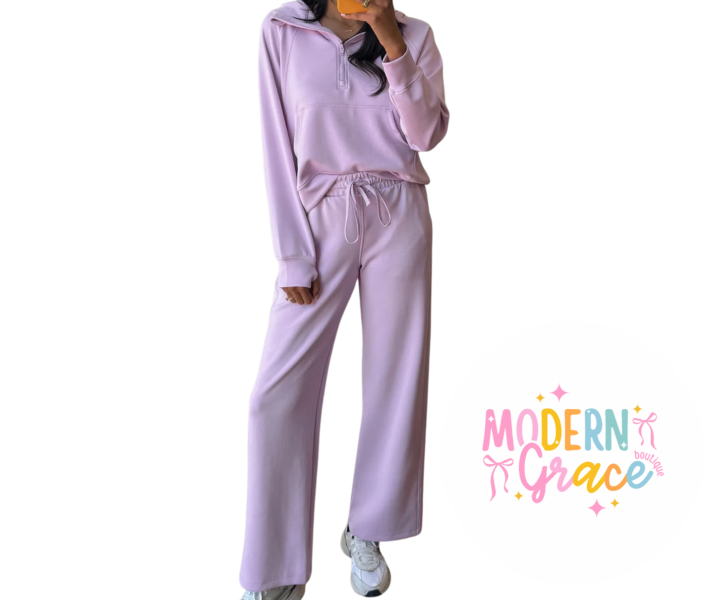 Lavender Half Zip Thumbhole Sleeve Hoodie Active Pants 2pcs Outfit
