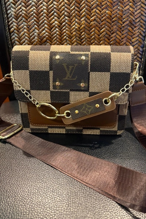 Upcycled LV Checker Chained Crossbody Bag (LV Logo is Authentic and has been repurposed onto a new bag)