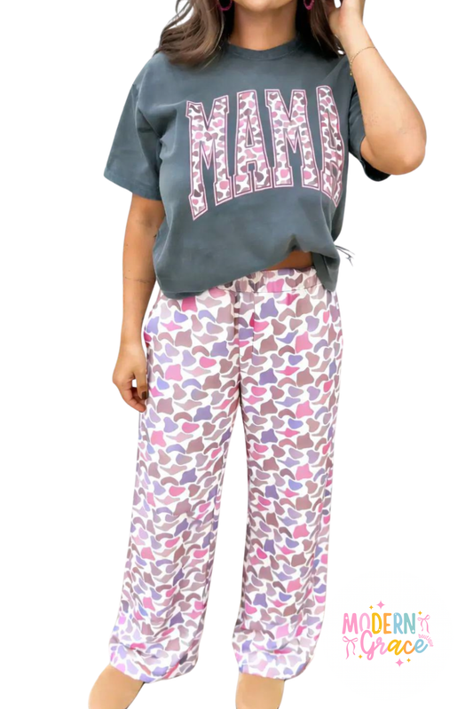 Medium grey MAMA letter graphic tee and camouflage print loose pant set by Modern Grace, casual two-piece outfit for women.