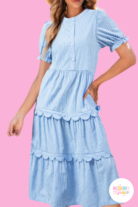 Sky Blue Stripe Bubble Short Sleeve Tiered Scallop Long Dress (Warehouse Exclusives)