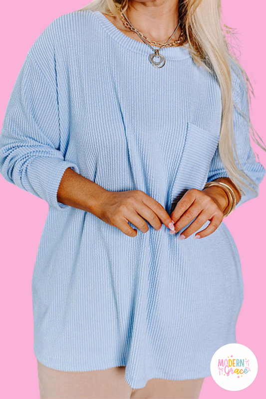 Curvy Light Blue Ribbed Textured Long Sleeve T Shirt (Warehouse Exclusives)