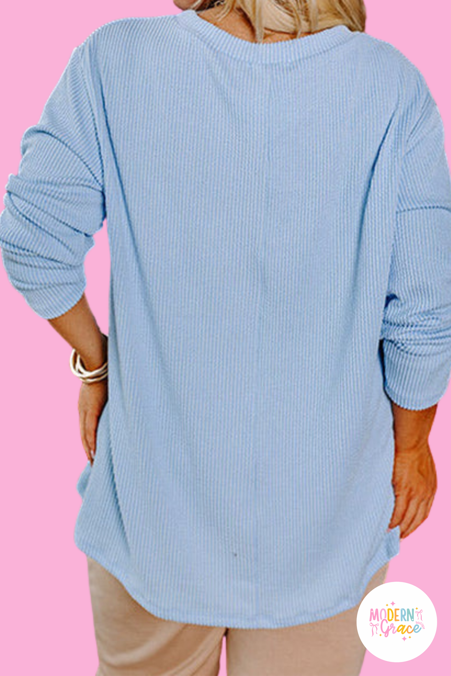 Curvy Light Blue Ribbed Textured Long Sleeve T Shirt (Warehouse Exclusives)
