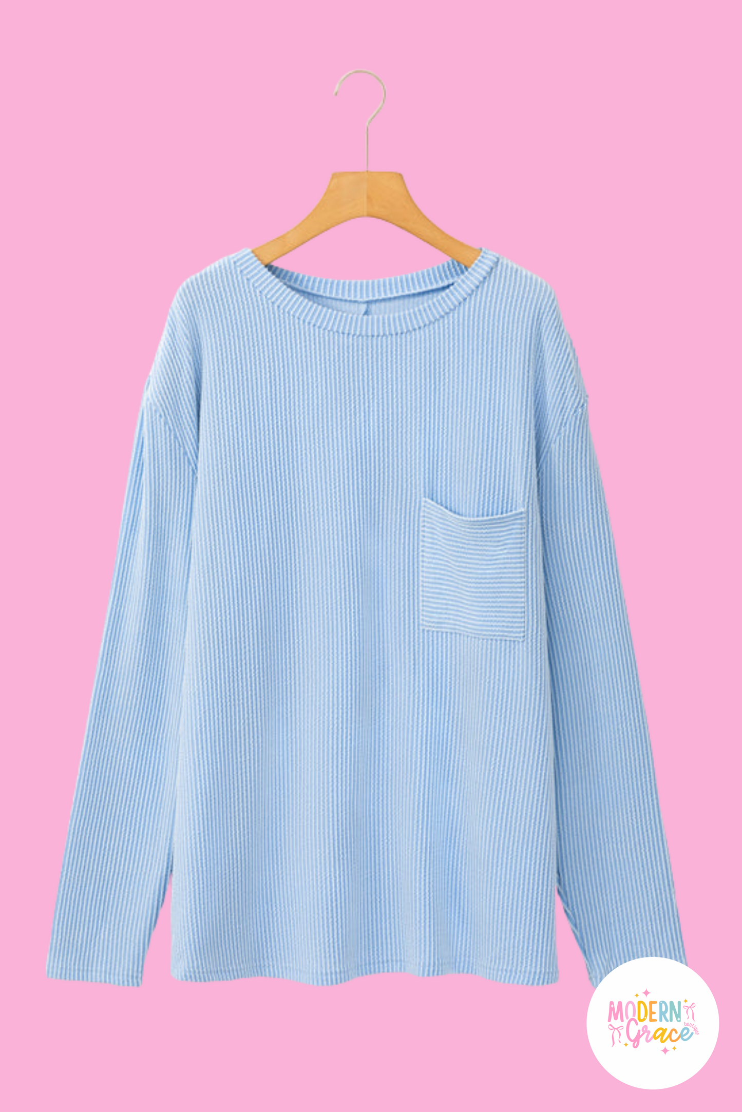 Curvy Light Blue Ribbed Textured Long Sleeve T Shirt (Warehouse Exclusives)