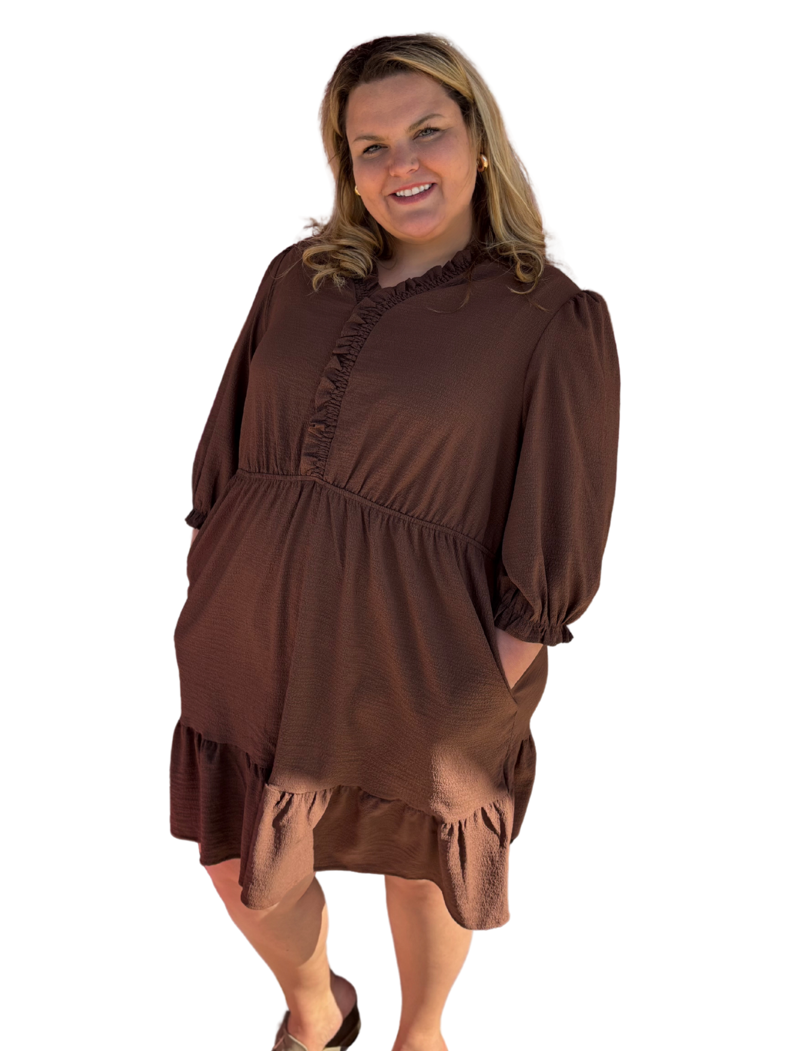 modern puff sleeve dress Curvy Brown Frilled Trim V Neck Puff Sleeve Textured Dress