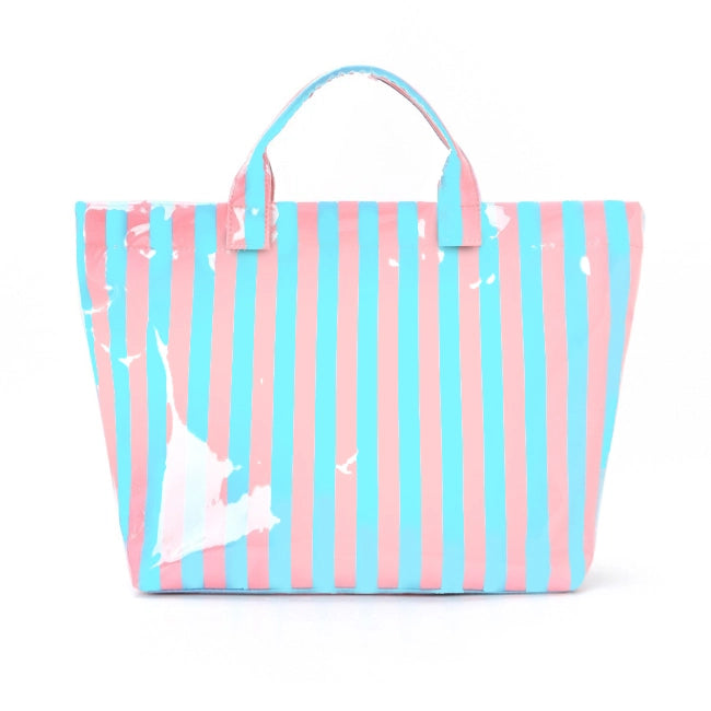 Large striped vinyl tote bag by Modern Grace featuring blue and pink horizontal stripes, spacious and stylish for everyday use.