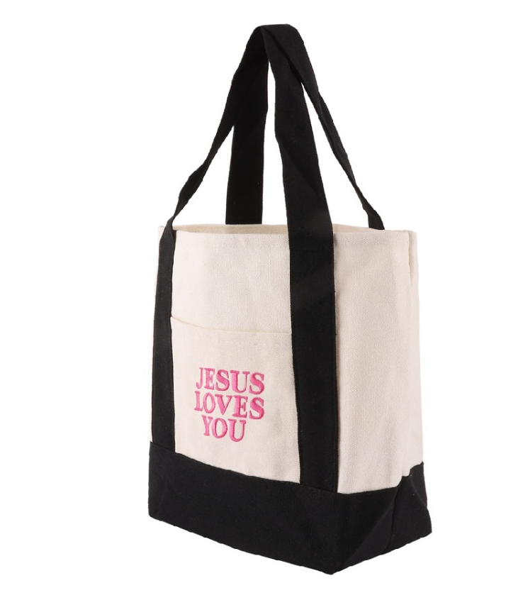 Black Mini Canvas Tote Bag with "Jesus Loves You" print by Modern Grace, featuring sturdy handles and compact design.