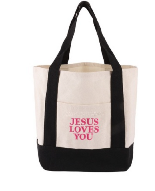 Black mini canvas tote bag with "Jesus Loves You" design by Modern Grace, featuring a compact, stylish bag perfect for everyday use.