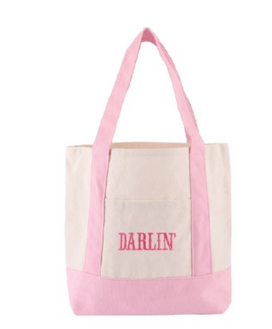 Pink Darlin Mini Canvas Tote Bag by Modern Grace, showing the stylish small tote with pink fabric and sturdy handles.